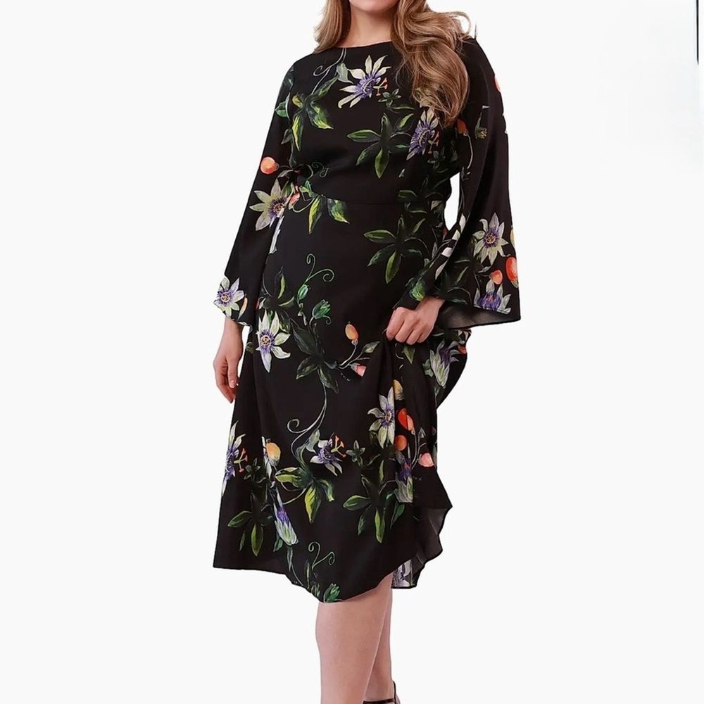New! Gabriella Rossetti Lucrezia Black Floral Midi‎ Dress Size 14